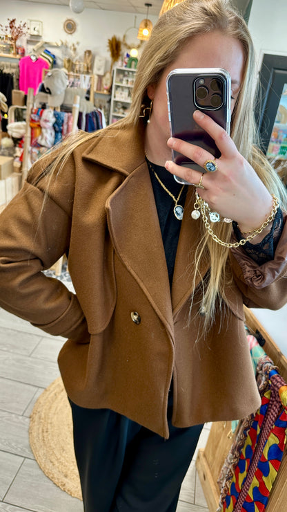 Veste courte marron chocolat femme, boutons dorés décoratifs, parfaite pour un look casual chic - Abana 64500